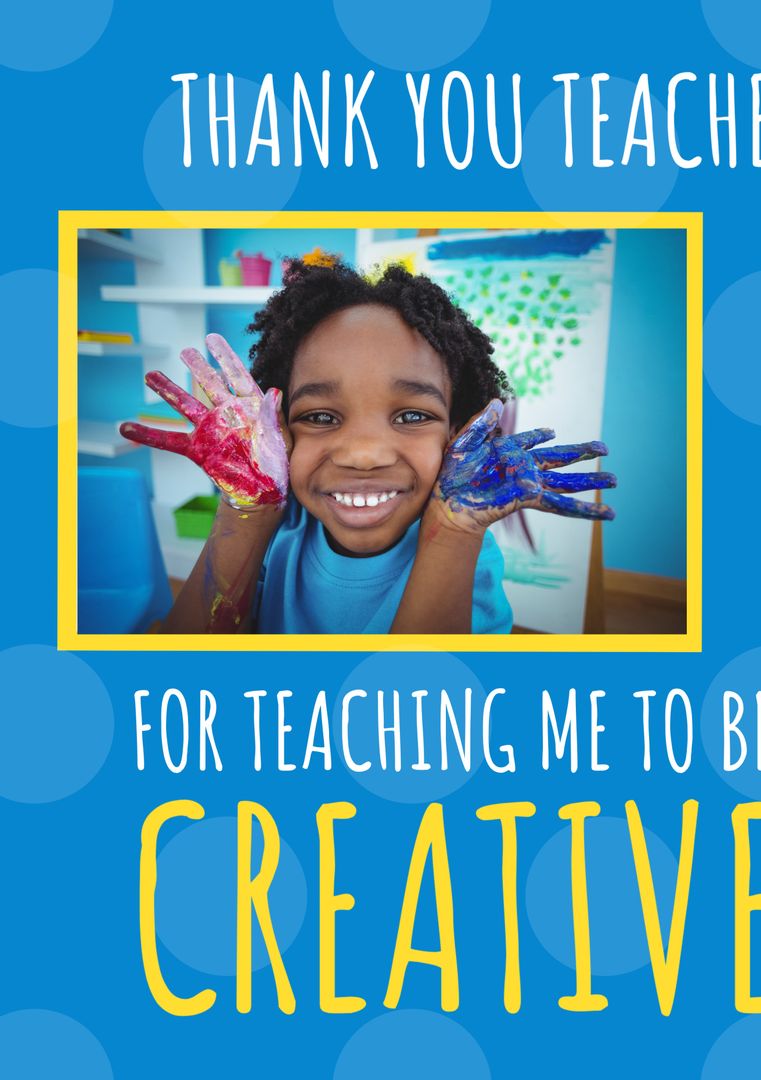 Joyful Child Displaying Painted Hands with Grateful Message for Teachers