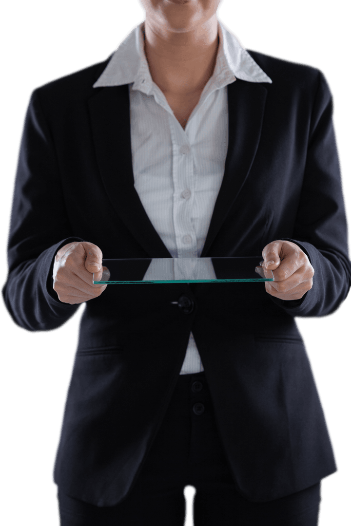 Transparent Glass Tablet in Businesswoman's Hands