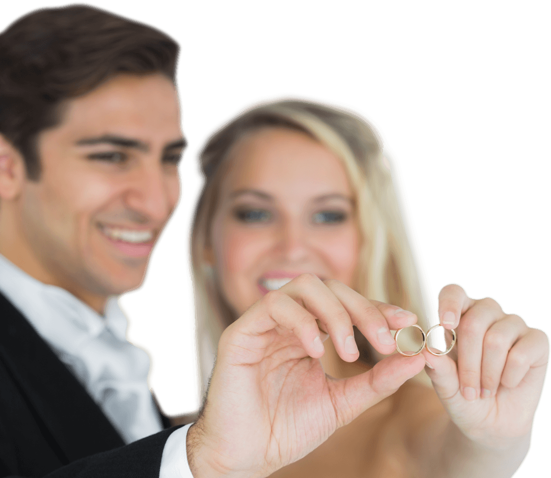 Transparent View Joyful Newlyweds Showing Wedding Rings