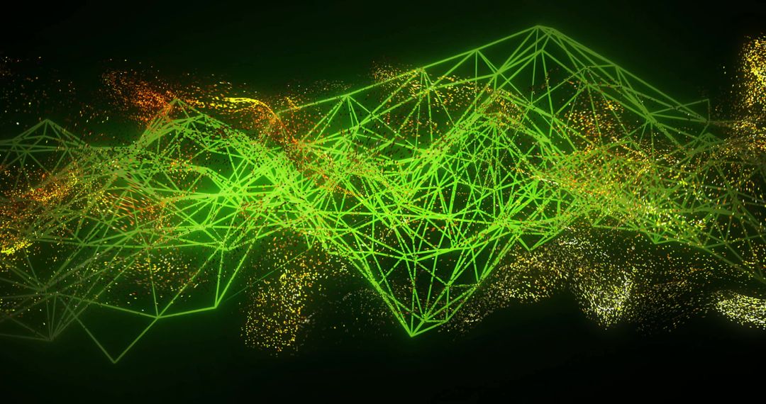 Green Digital Network Connections with Golden Particles on Black Background