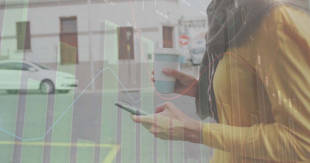 Woman with Phone Analyzing Data Graphs in Urban Environment