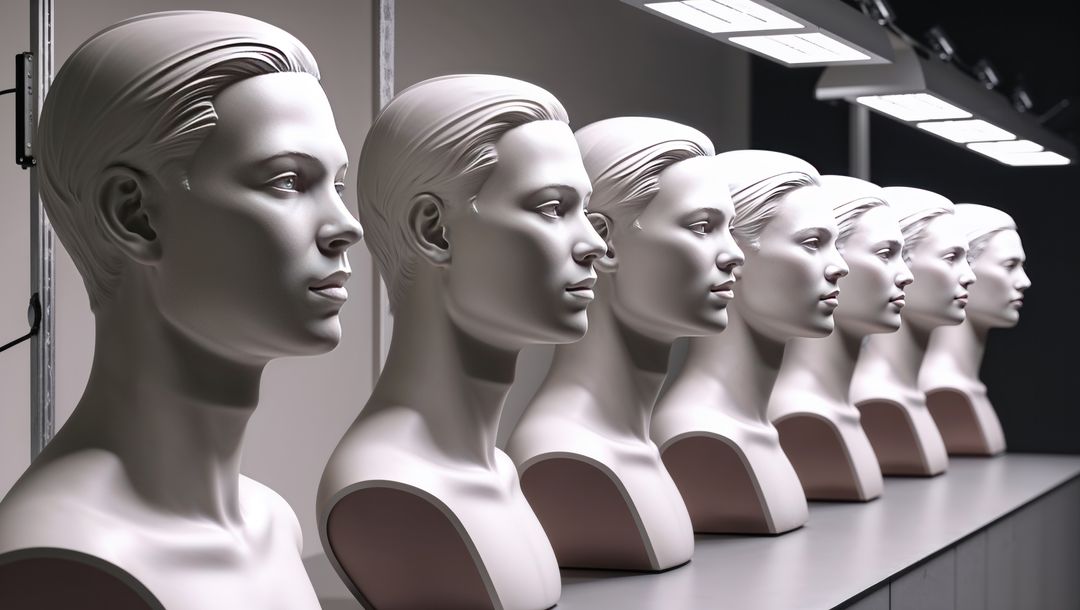 Row of female mannequin busts in industrial setting, talking heads concept