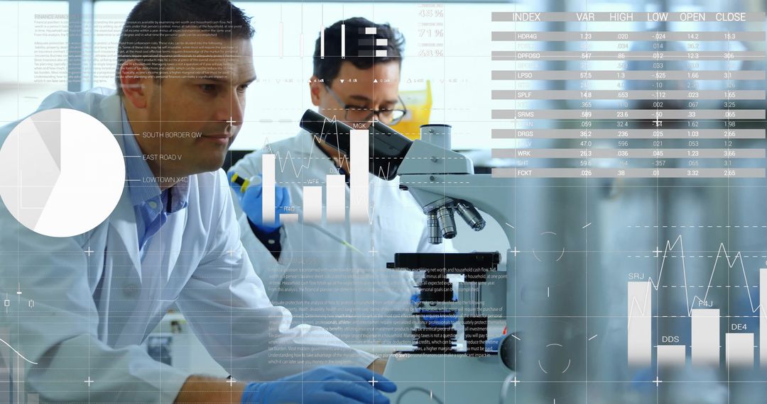 Innovative Scientists Conducting Research with Data Visualization Overlay