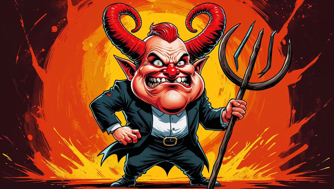 Horned satan in black suit with pitchfork against fiery background