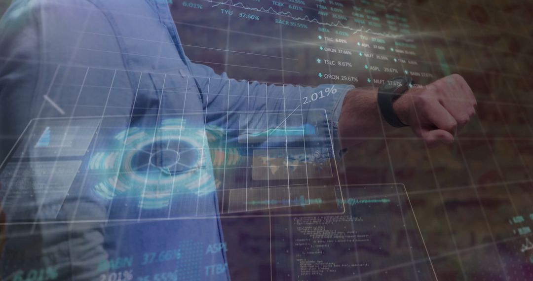 Man Analyzing Holographic Finance Charts with Smartwatch