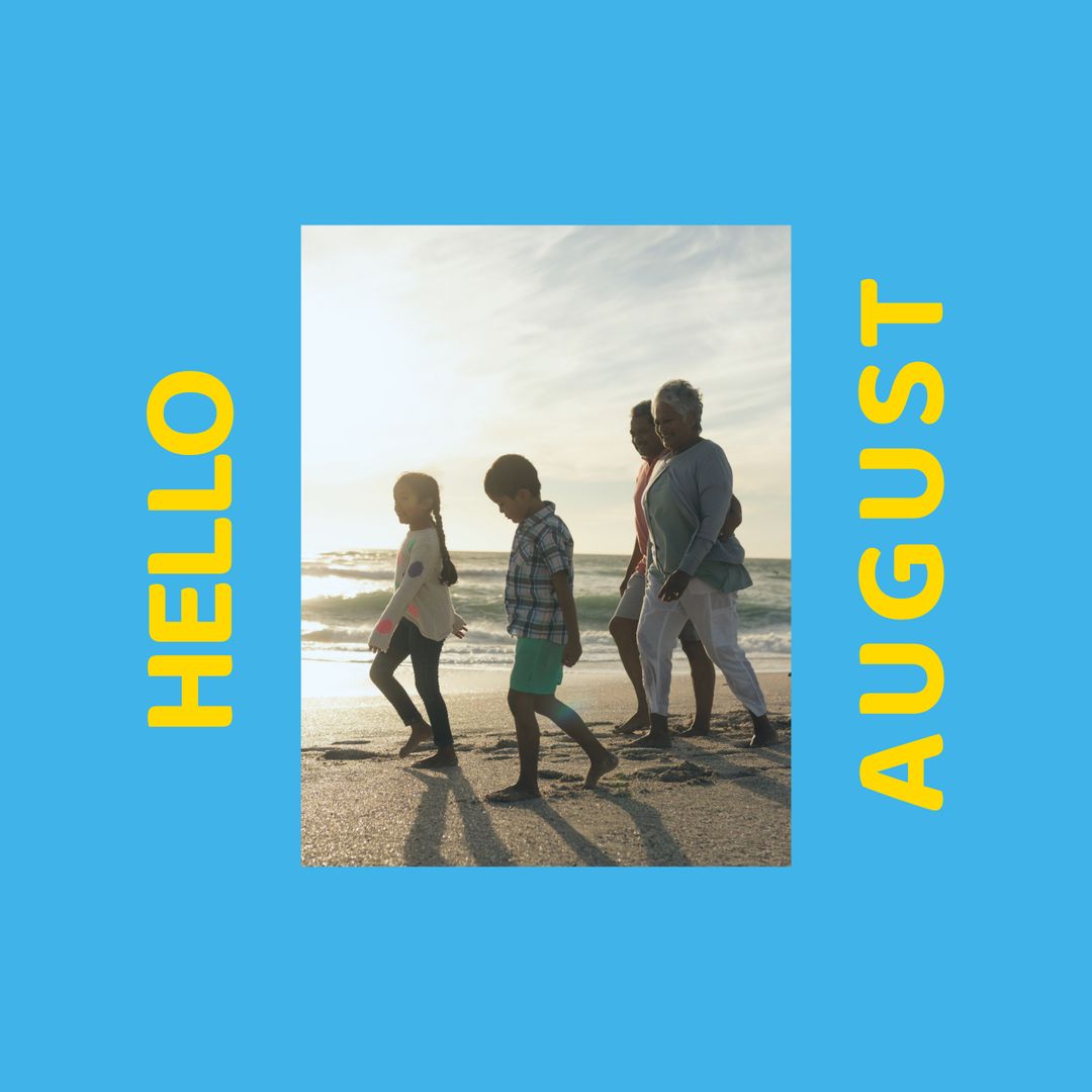 Family Strolling Along Beach in August Sunshine