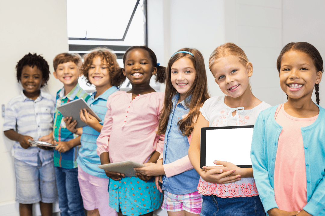 Diverse Children Smiling Holding Transparent Tablets