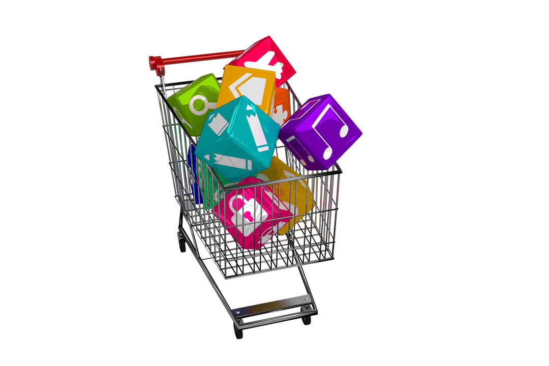 Shopping Trolley with App Symbol Cubes on Transparent Background