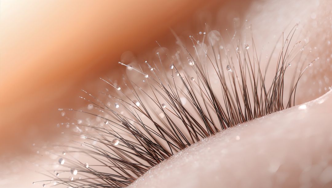 Macro closed eyelid with dewy eyelashes glistening in soft warm light and skin texture
