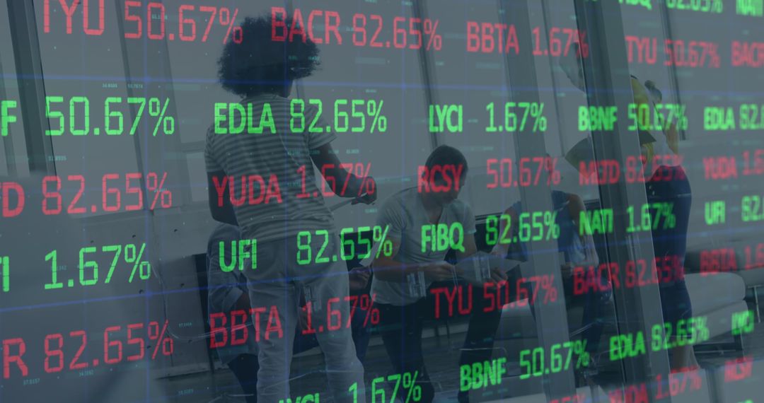 Stock Market Data Overlaid on Office Team Collaborating