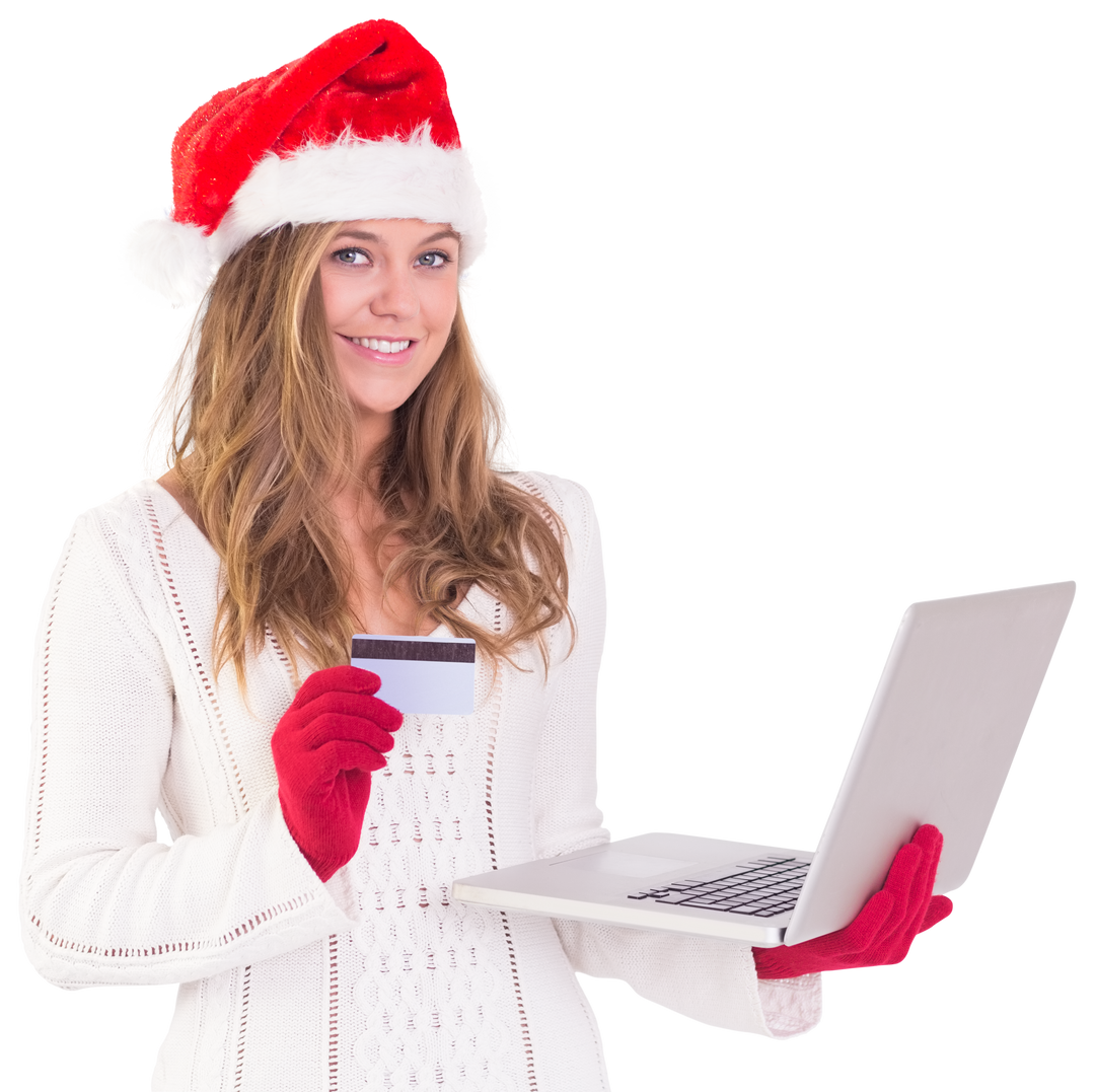 Festive Blonde Woman with Santa Hat and Laptop Shopping Online with Credit Card - Transparent - Download Free Stock Images Pikwizard.com