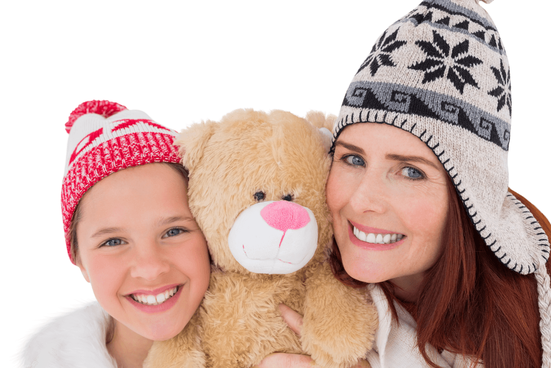 Caucasian Mother and Daughter Hugging Teddy Bear on Transparent Background