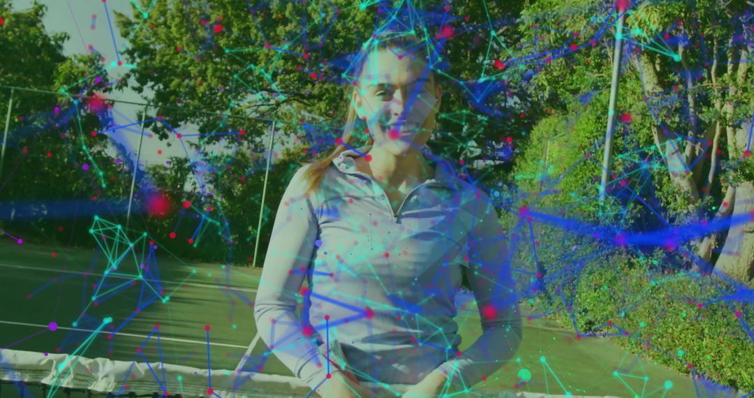 Smiling Woman on Outdoor Court with Digital Overlay Technique