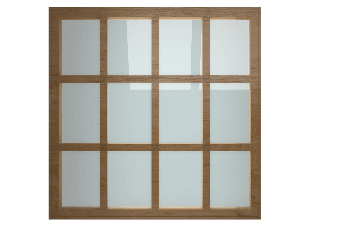 Transparent Glass Window with Grid Textured Wooden Frame