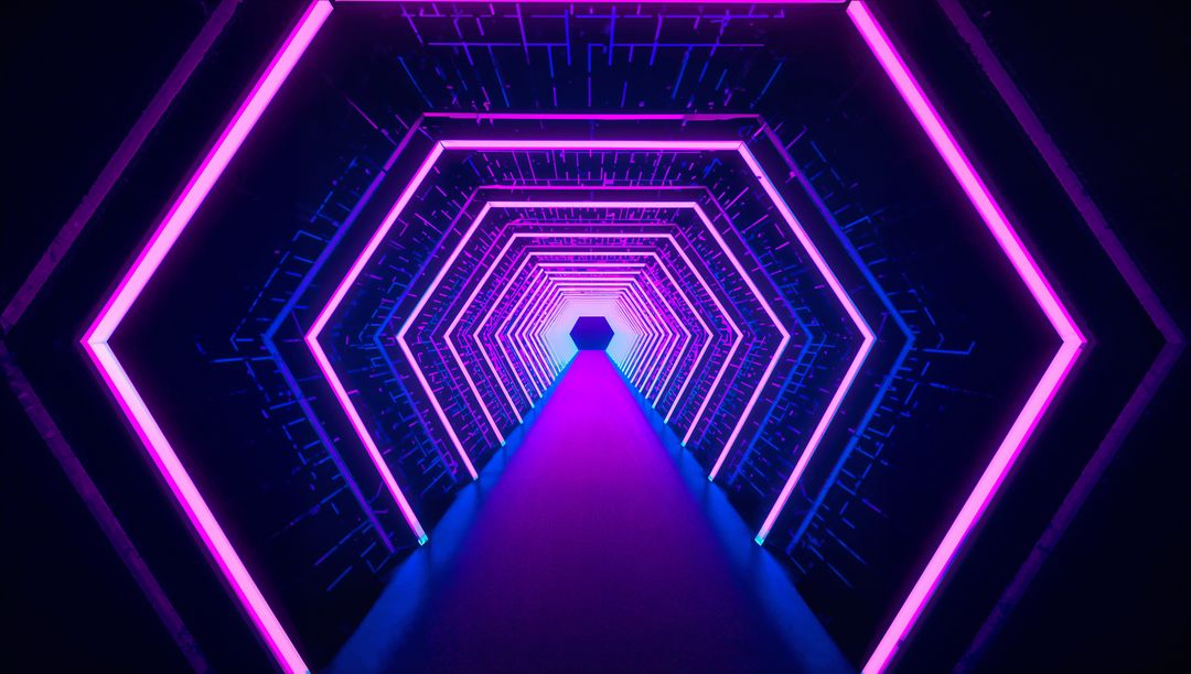 Glowing Neon Hexagonal Tunnel Leading to Bright Portal Futuristic Cyberpunk Corridor