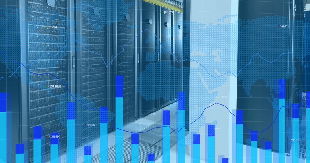 Global Data Processing Overlay with Server Racks and Statistics