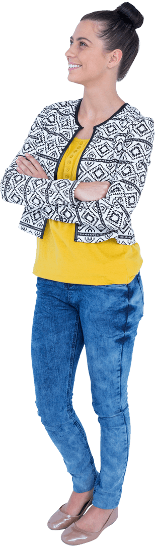 Confident Woman in Patterned Jacket Appears Transparent Standing