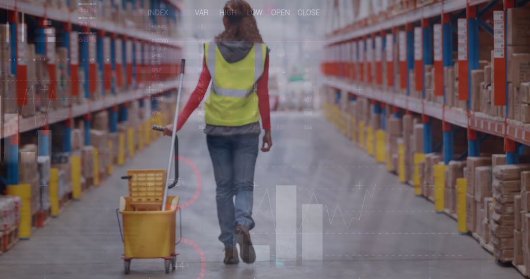 Warehouse Maintenance Worker Navigating Aisles with Cleaning Cart