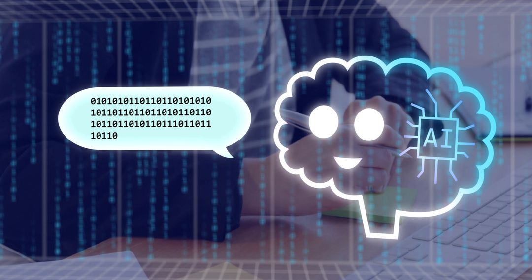 AI Brain Icon with Binary Code and Laptop on Office Desk