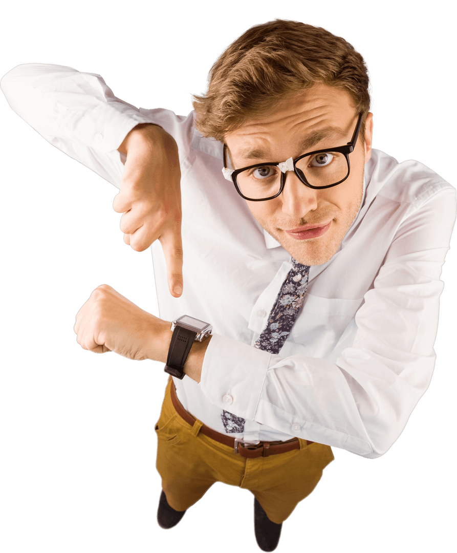 Transparent Biz Guy with Glasses Emphasizing Wristwatch Promptly