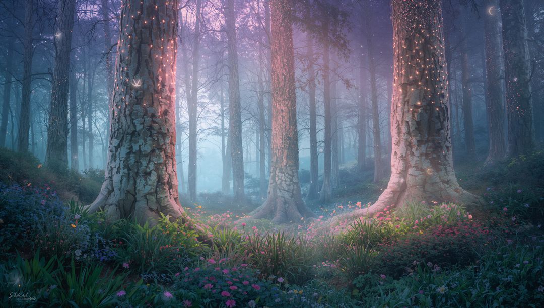 Moonlit enchanted forest clearing with three ancient tree trunks glowing and rising