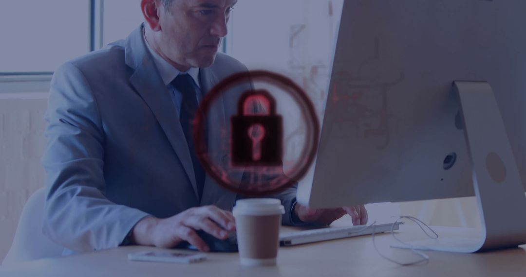 Businessman at Desk with Cybersecurity Icon Enhancing Office Productivity
