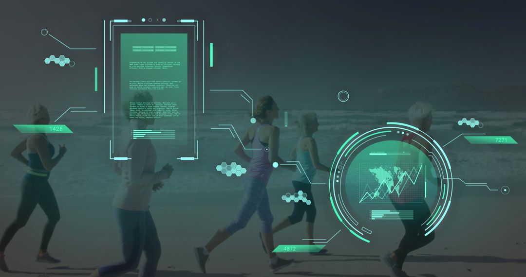Digital Interface Overlay on Women Jogging by the Beach