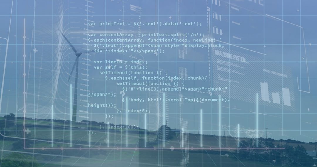 Wind Turbines with Futuristic Code Overlay for Tech and Innovation