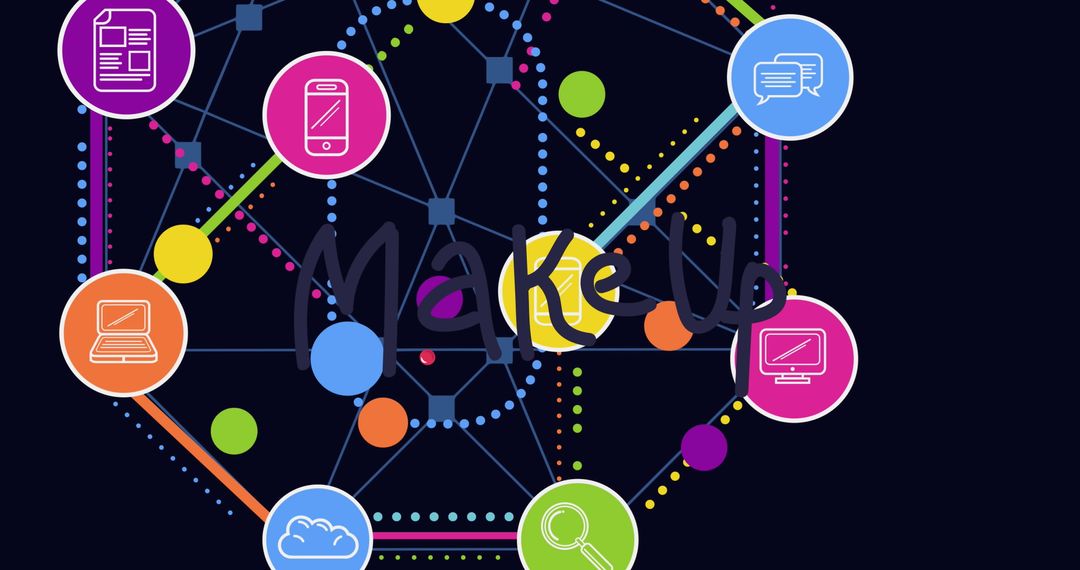 Colorful Network Diagram with Technology Icons on Dark Background