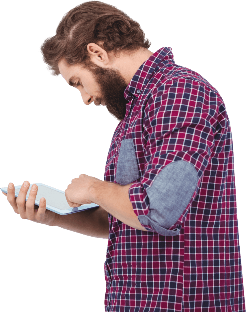 Bearded Hipster Engaging with Tablet on Transparent Background