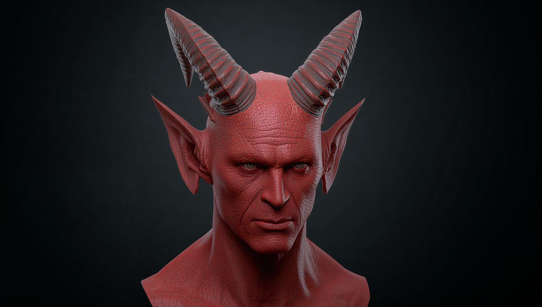 Mythical Demon Bust with Spiraled Horns and Pointed Ears