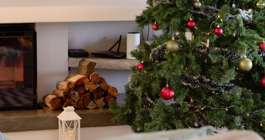 Cozy Christmas Tree by the Fireplace with Festive Decorations