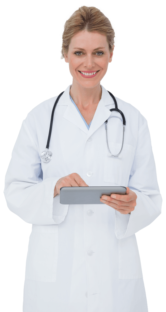 Blonde Doctor Holding Tablet and Smiling on Transparent Background