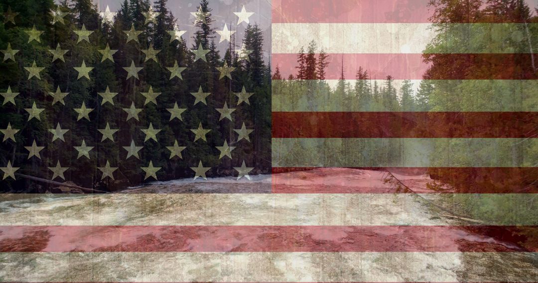 American Flag Overlay on Forest River Scenery