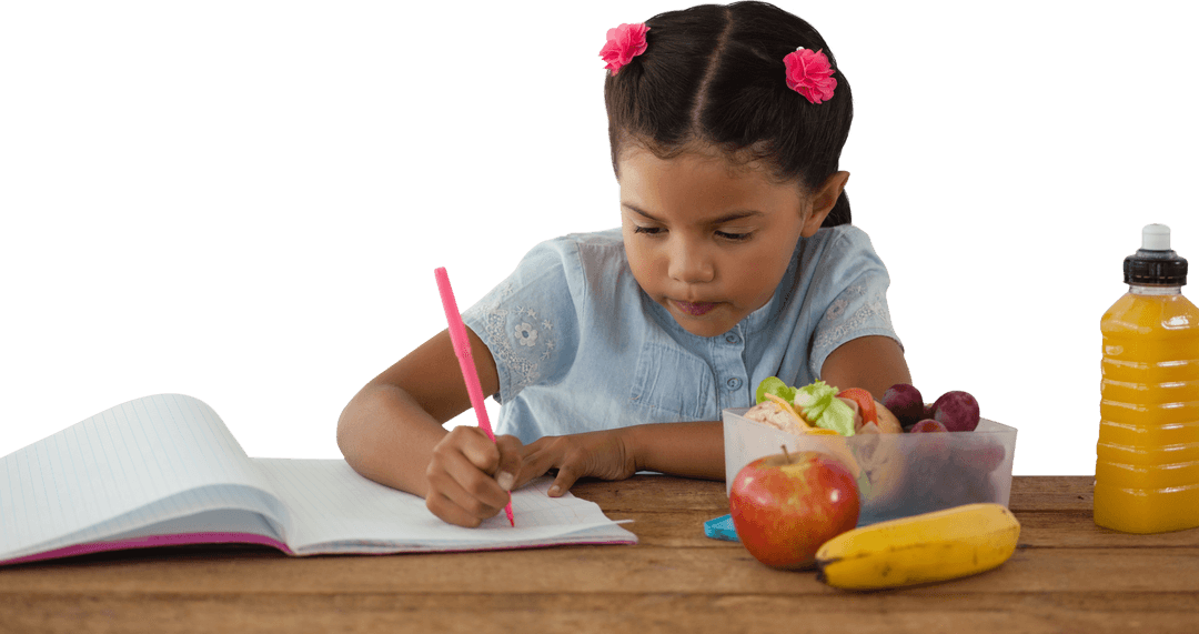 Young Girl Writing at Table with Healthy Snacks Transparent