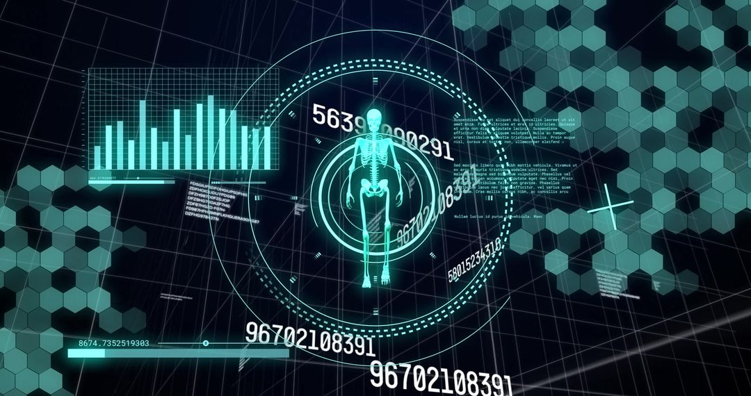 Human Skeleton with Digital Data Charts and Numbers Analysis