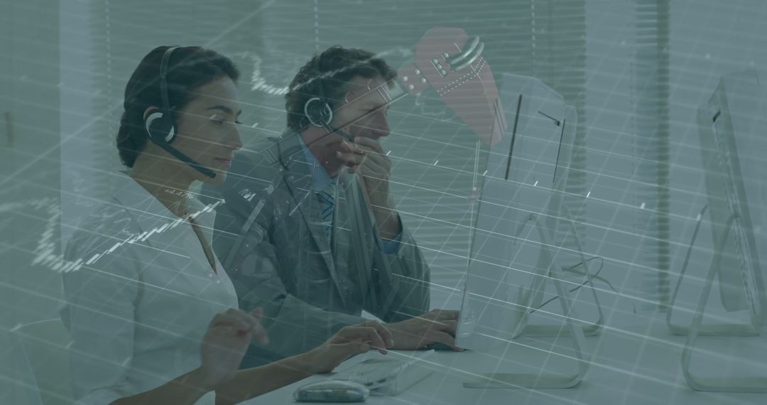 Customer Service Agents Analyzing Financial Data at Office Desk