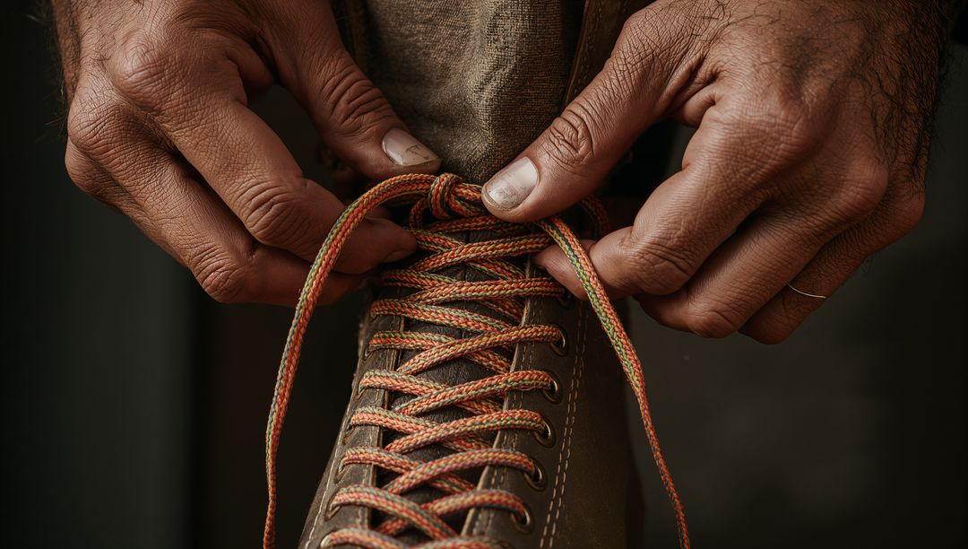 Rugged Hands Tying Patterned Shoelaces on Brown Leather Boot — Closeup Craftsmanship