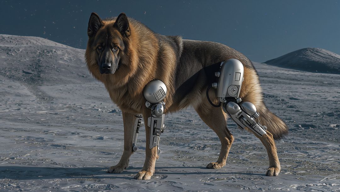 Cybernetic German Shepherd standing on frozen plain with metallic prosthetic legs