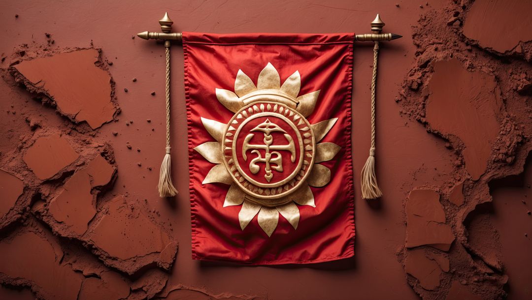 Red Banner with Golden Emblem Hanging Against Textured Wall