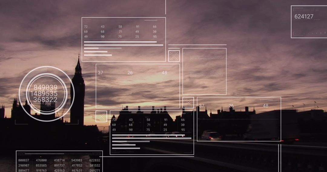 Digital Data Processing Over London Skyline at Dusk