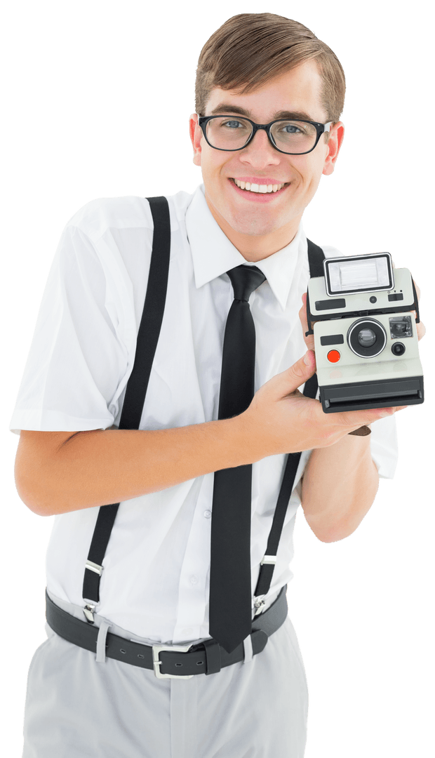 Smiling Geeky Hipster Holding Vintage Camera on Transparent Background