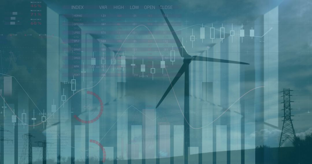 Financial Graphs Overlaying Wind Farm for Sustainable Investment Concepts