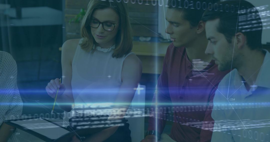 Team analyzing data on tablet with augmented reality overlays and visualization