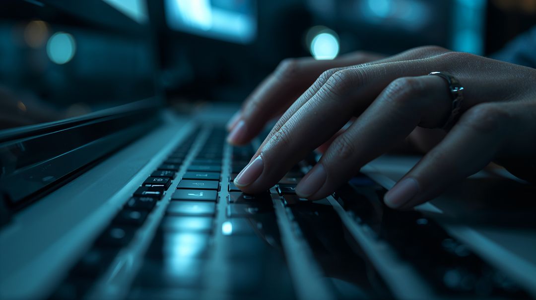 Close-up Typing Hands on Laptop Keyboard in Moody Blue Ambient Light with Ringed Finger