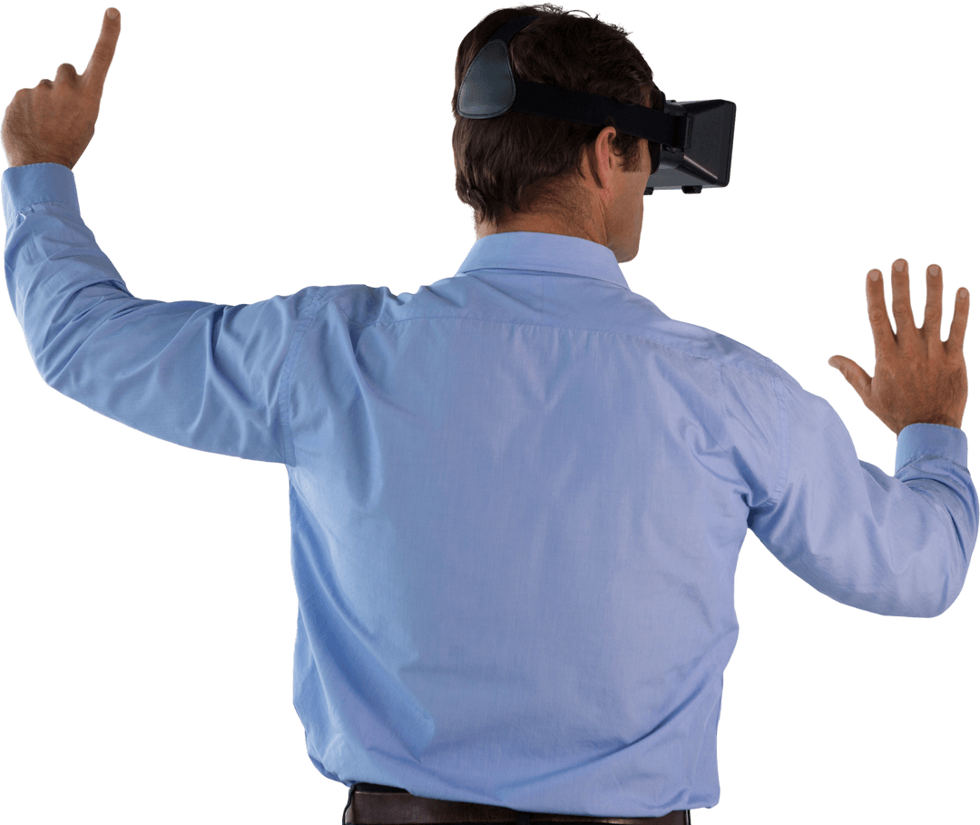 Businessman in Transparent Space with VR Glasses Pointing
