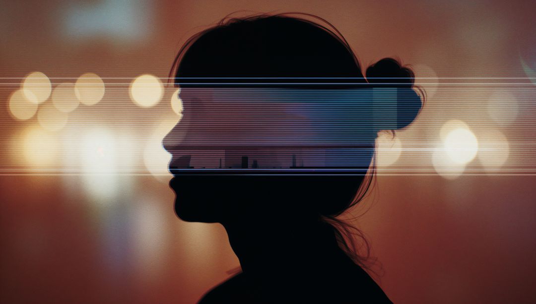 Futuristic Silhouette and City Skyline with Glitch Effect