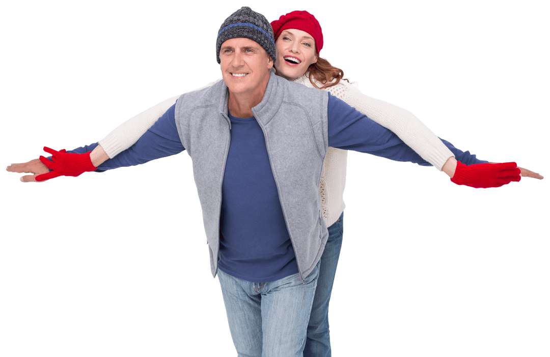 Transparent Joyful Couple Embracing Winter with Playful Spirit