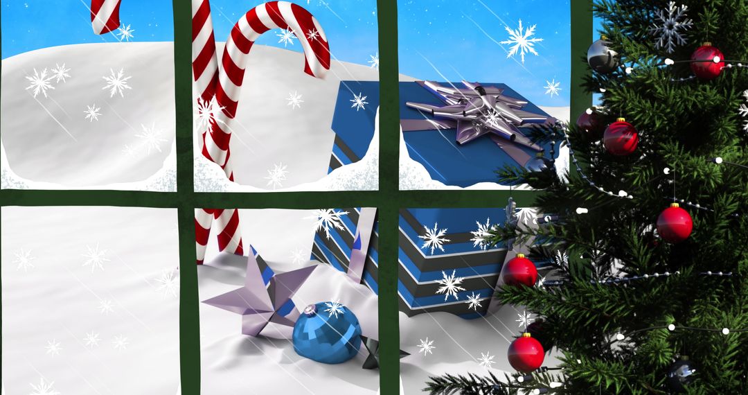 Festive Candy Canes and Gifts Viewed Through Frosted Window