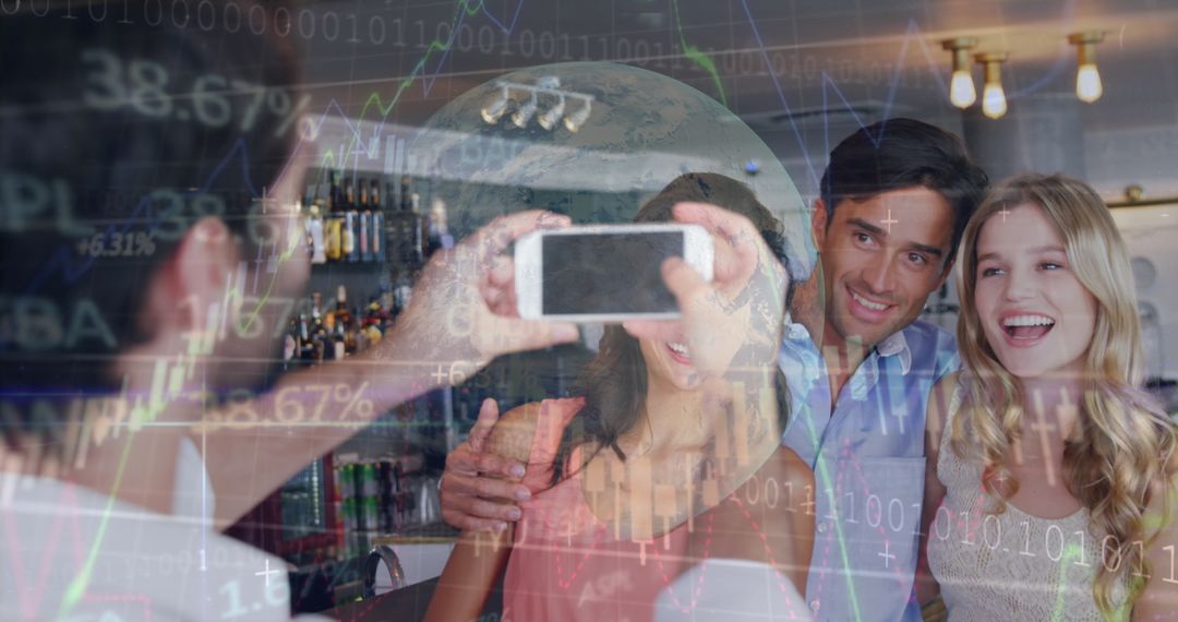 Waiter Photographing Friends with Overlay of Financial Data